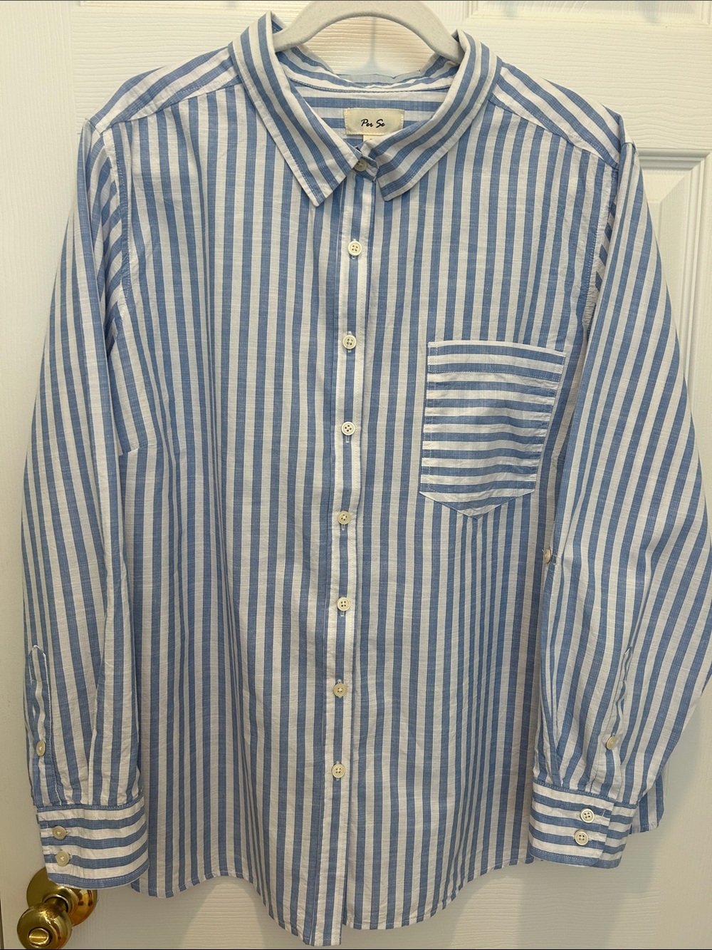 Per Se Blue and White Vertical-Striped Women's Button-Down Shirt